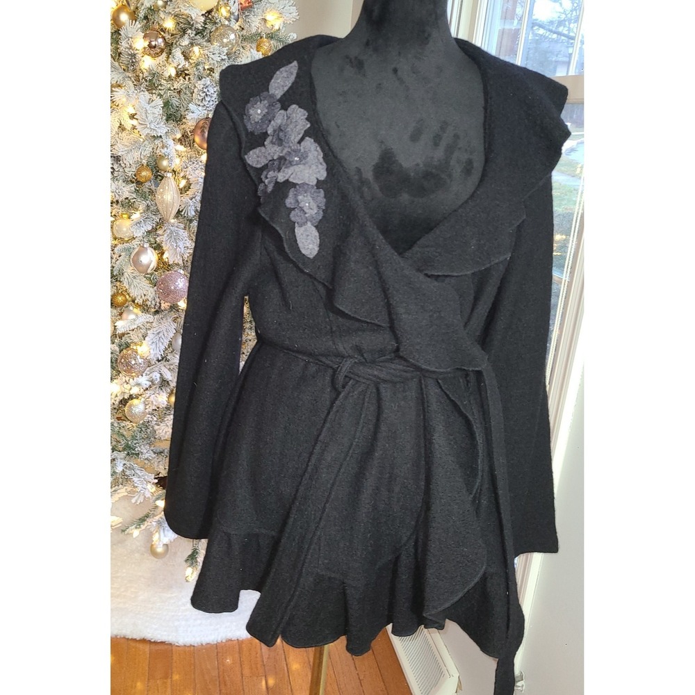 Women's‎ CYNTHIA ROWLEY Gray Ruffle 100% Wool Cardigan Sweater, Size XL Langen